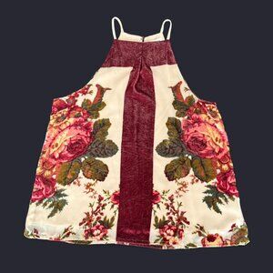 Clover + Scout Burgundy Red Beige Tan Velvet Detail Floral High Neck Tank Top M